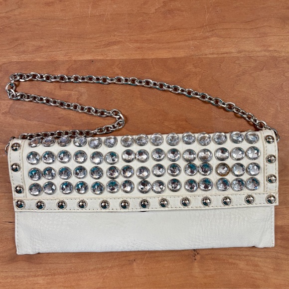 Rhinestone & Studded White Faux Leather Clutch with Chain Strap - Picture 1 of 12